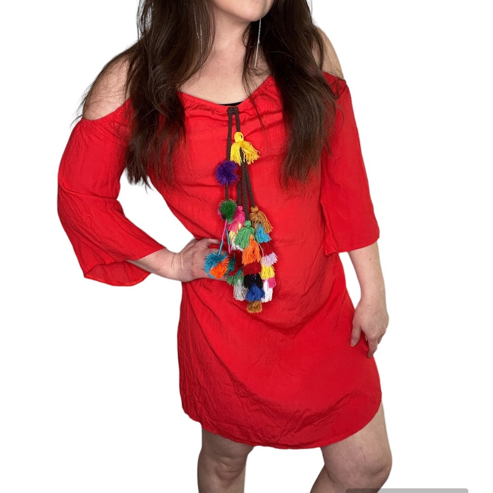 Boutique ‘Kaktus’ Fringe Tassel Detail Dress Orange Red Size Medium NEW